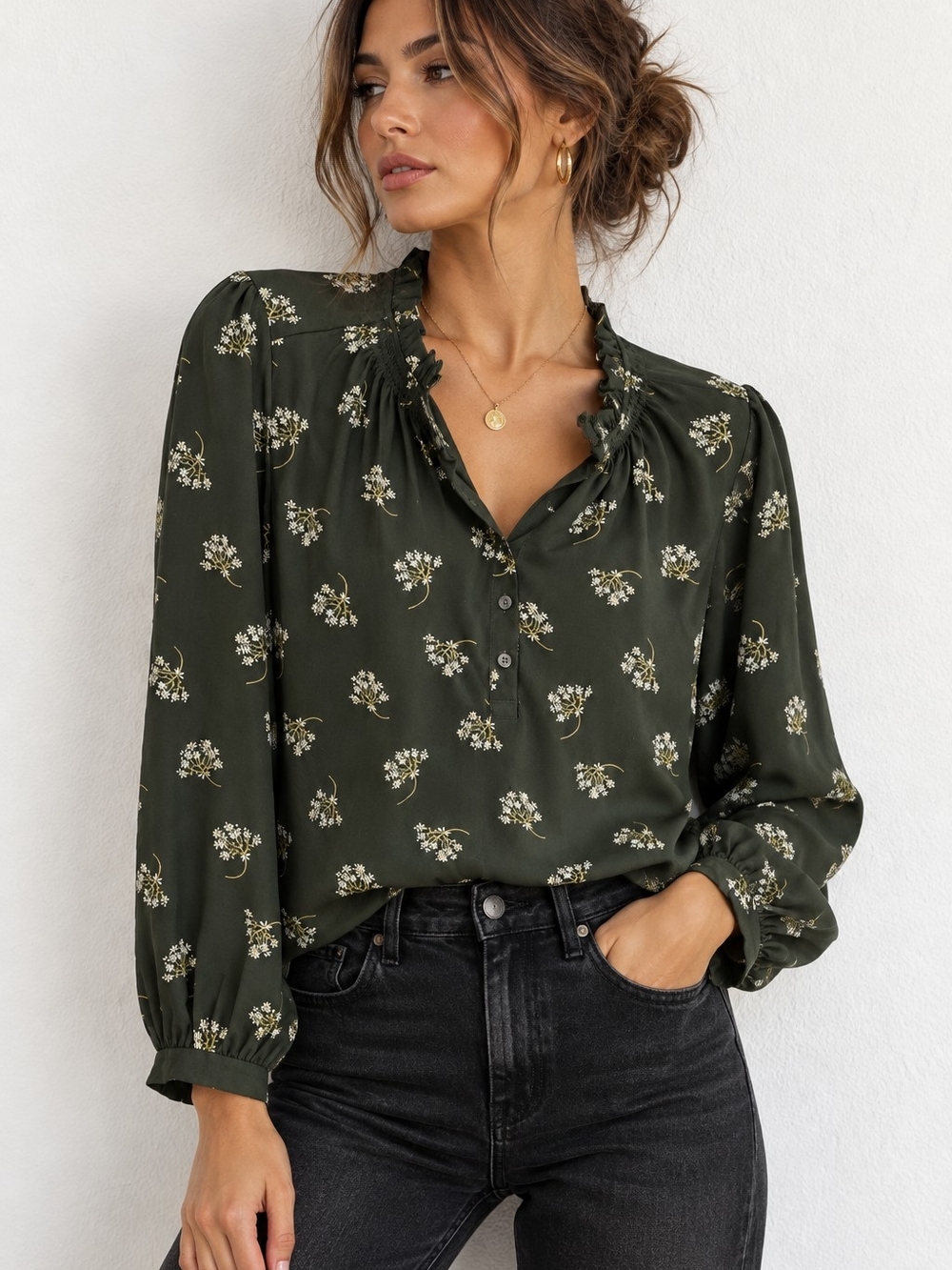 LOFT Petites SP Dark Olive Green Floral Ruffle Neck Long Sleeve Blouse
